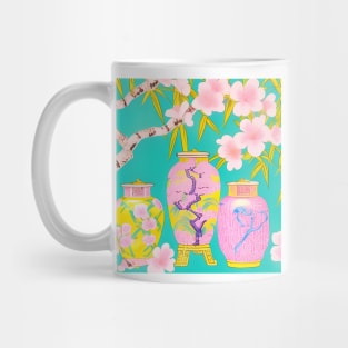 Preppy pink and yellow chinoiserie jars on turquoise Mug